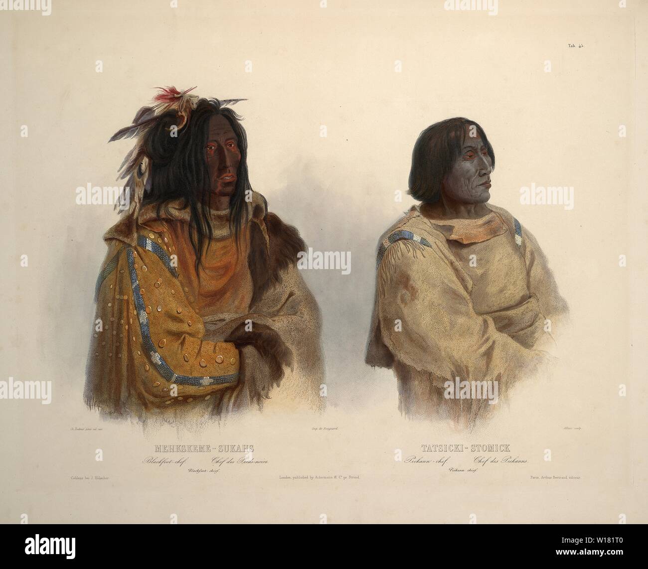 Mehkskeme-Sukahs, Blackfoot-chief; Tatsicki-Stomick, Pickann chief - Karl Bodmer aquatint from Travels in the Interior of North America Stock Photo