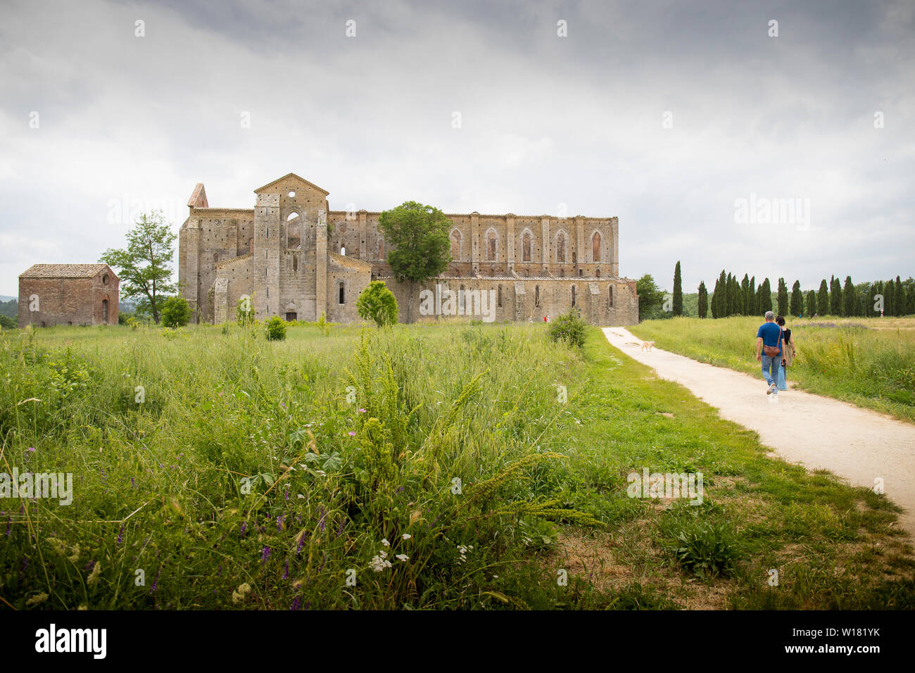 View of san galgano abbey from outside with two people walking towards the abbey. People are not recognizable.Tuscany, Italy. Stock Photo
