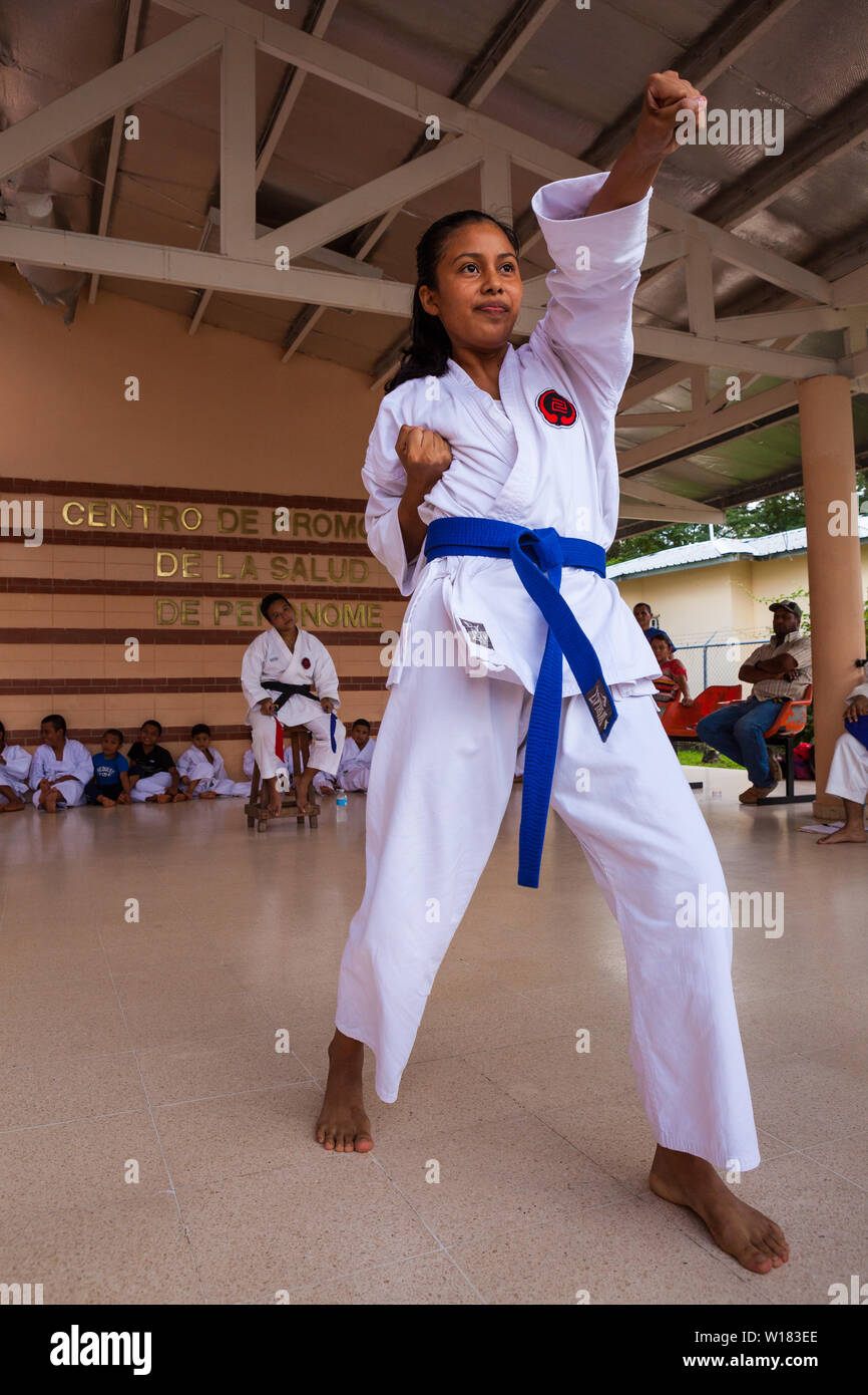 Okinawan Gojo Ryu Karate in Penonome, Cocle province, Republic of Panama. The karate school was led by Sensei Carlos Martinez, who passed away in February, 2017. The school was a part of the IOGKF, International Okinawan Goju Ryu Karate Federation. October, 2013. Stock Photo
