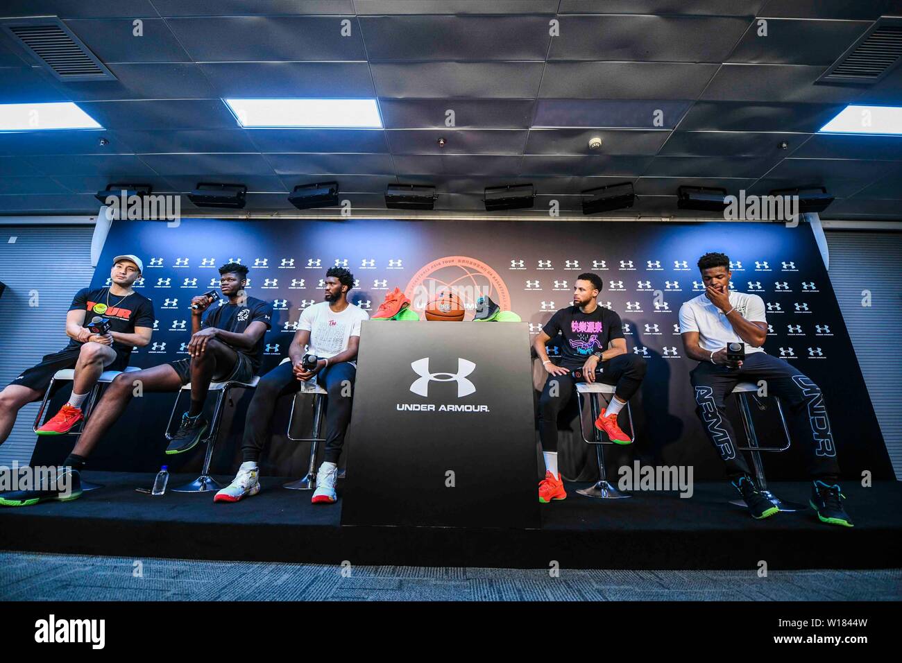 From right) NBA stars Dennis Smith Jr. of New York Knicks, Stephen Curry of  Golden State Warriors, Joel Embiid of Philadelphia 76ers, and Mohamed Bamba  of Orlando Magic attend a press conference