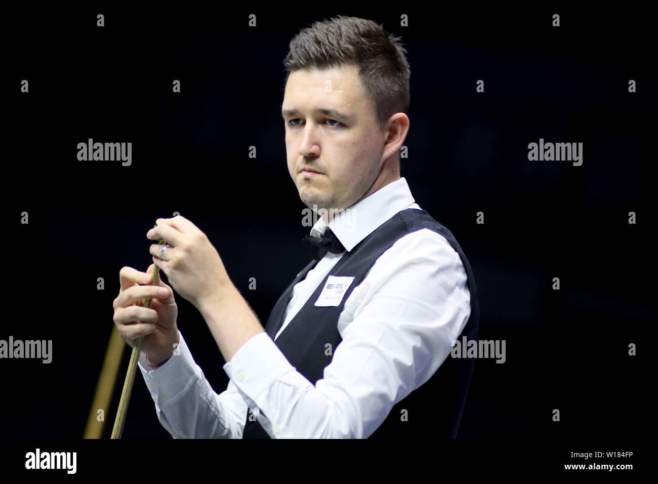 Kyren Wilson Of England Chalks His Cue As He Considers A Shot To China B In The Semifinal Match During The Beverly 2019 Snooker World Cup In Wuxi City East China S Jiangsu