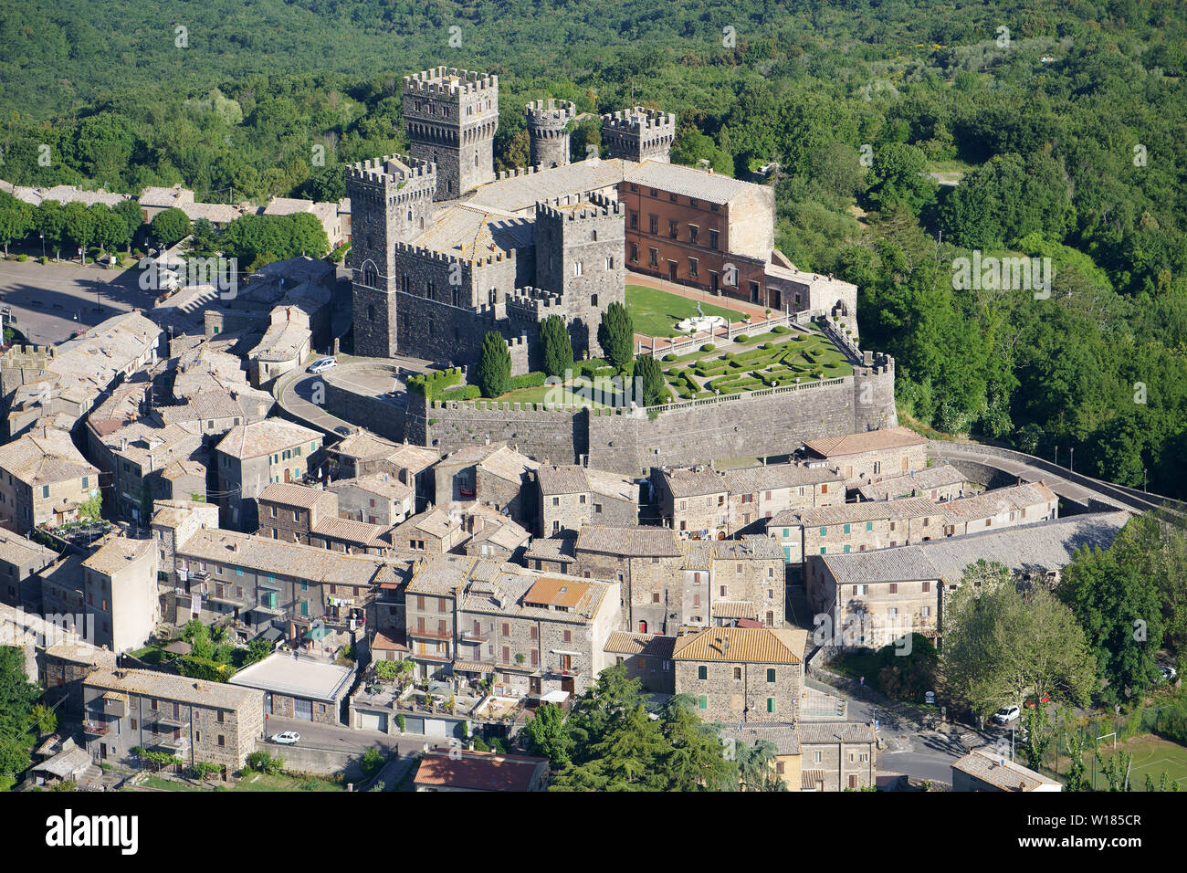 Medieval Castle Of Torre Alfina Crowning The Medieval Village Aerial View Village Of Torre Alfina Province Of Viterbo Lazio Italy Stock Photo Alamy