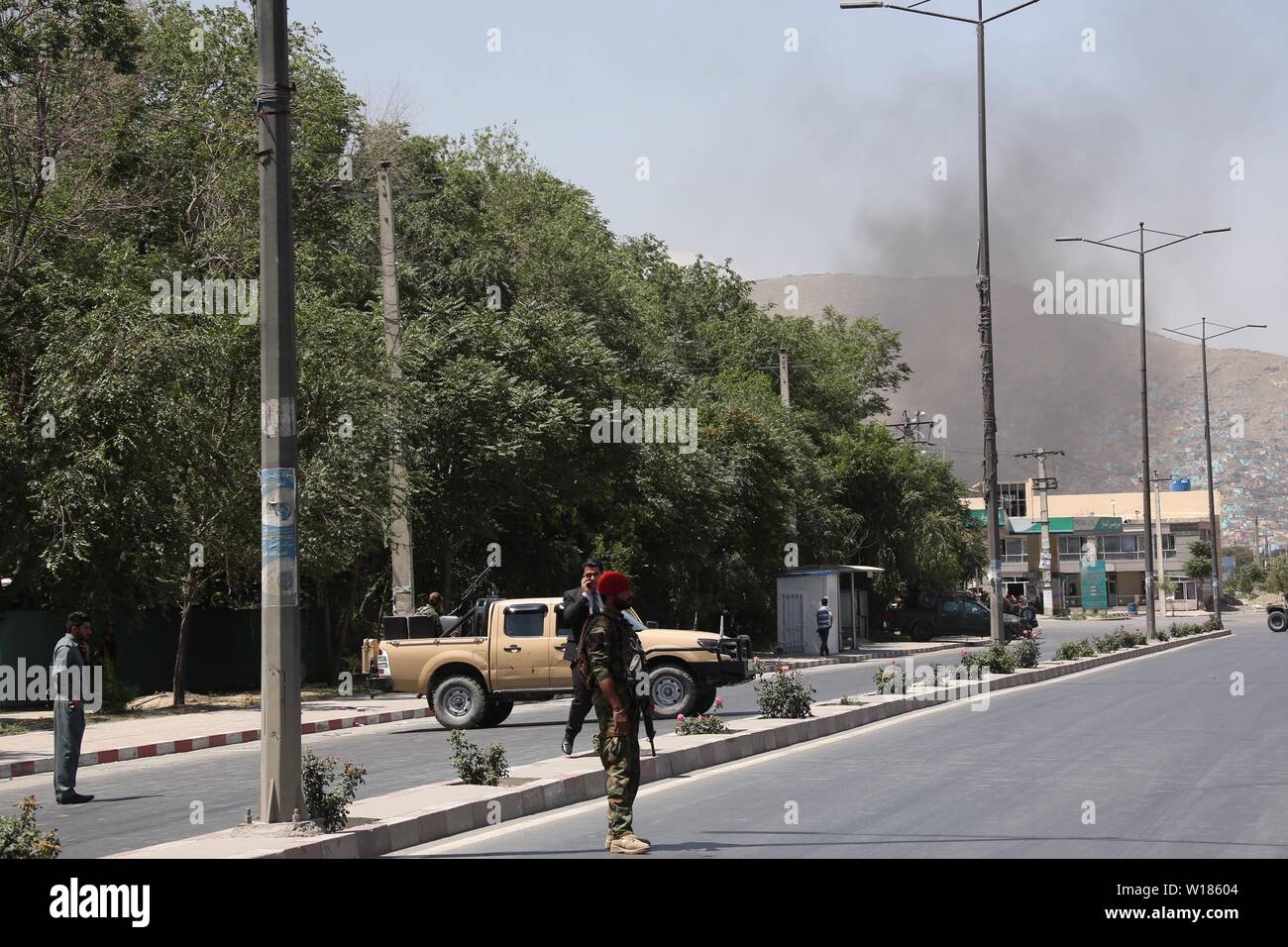 Kabul Afghanistan 1st July 2019 Members Of Afghan Security Forces Stand Guard Near The Blast Site In Kabul Capital Of Afghanistan On July 1 2019 Up To 34 People Have Been Confirmed