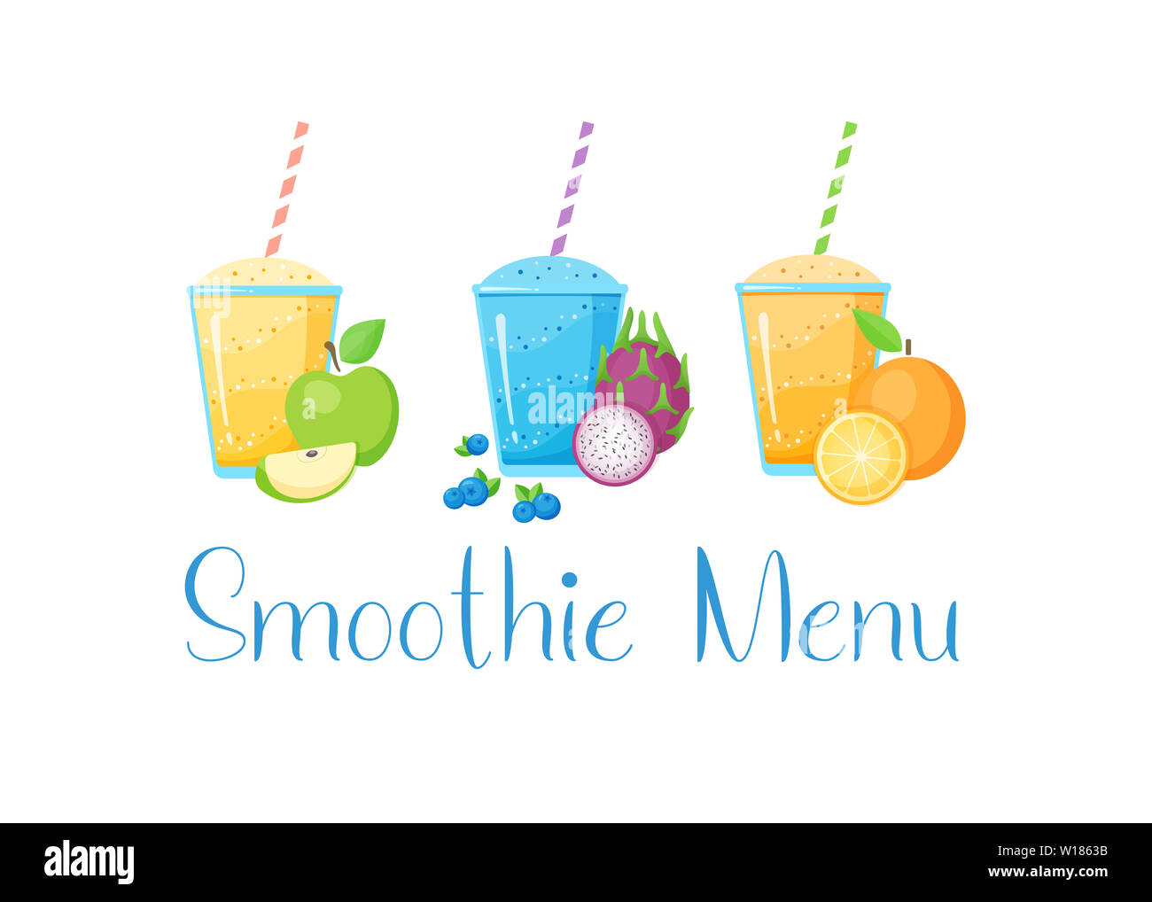 Set of fruit smoothie cocktail illustration. Fresh smoothies drink with