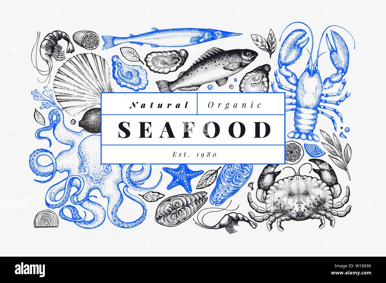 Seafood and fish design template. Hand drawn vector illustration. Can ...