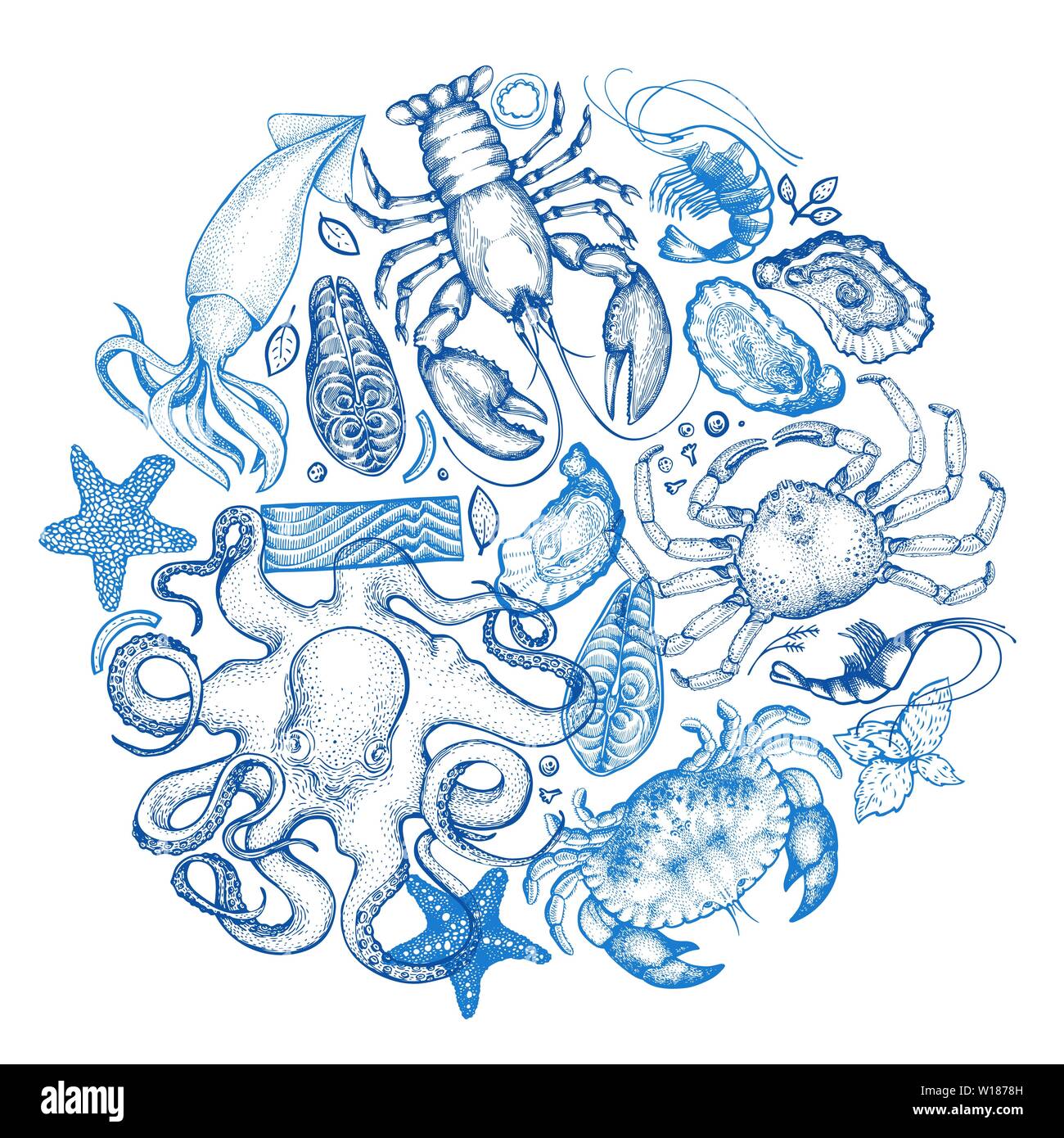 Seafood And Fish Background Hand Drawn Vector Illustrations