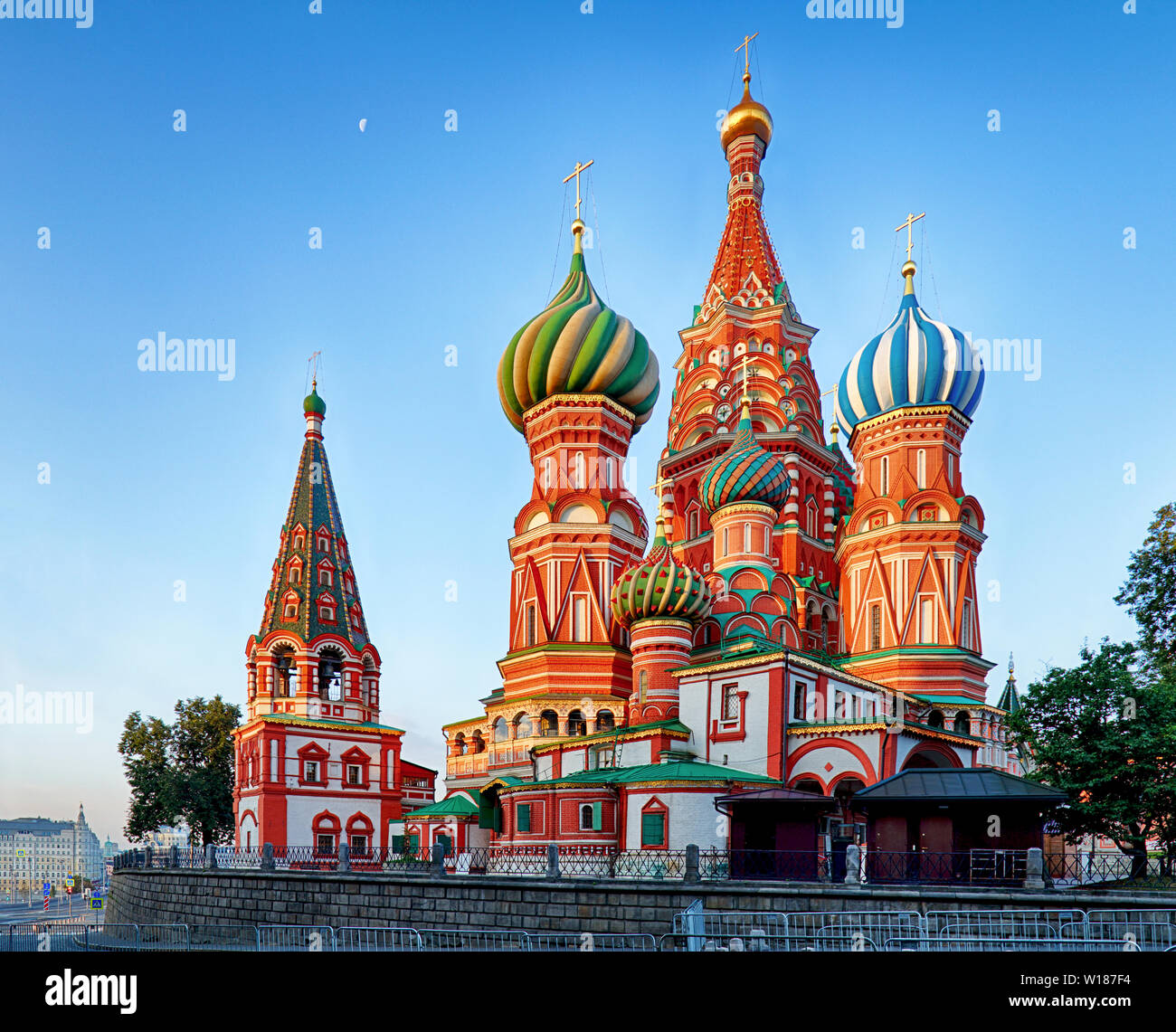Moscow, Russia - Red square view of St. Basil's Cathedral at sunrise, nobody Stock Photo