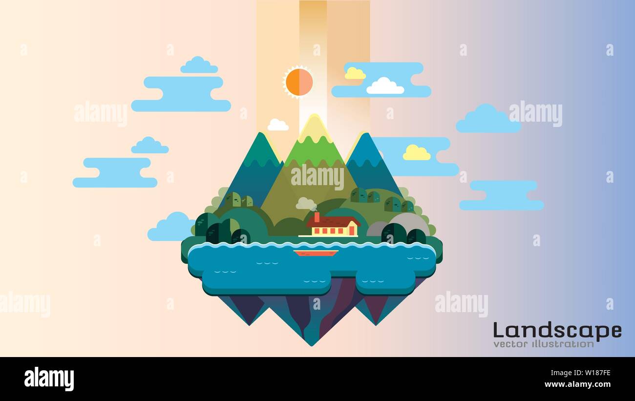 Floating island on a blue sky.  Background vector illustration. Stock Vector
