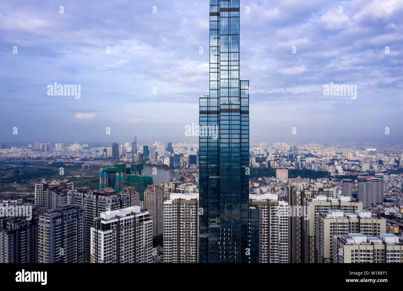 Morning view of High Rise development in Ho Chi Minh City with views of Financial district, City and River. One of the world's tallest buildings. Stock Photo