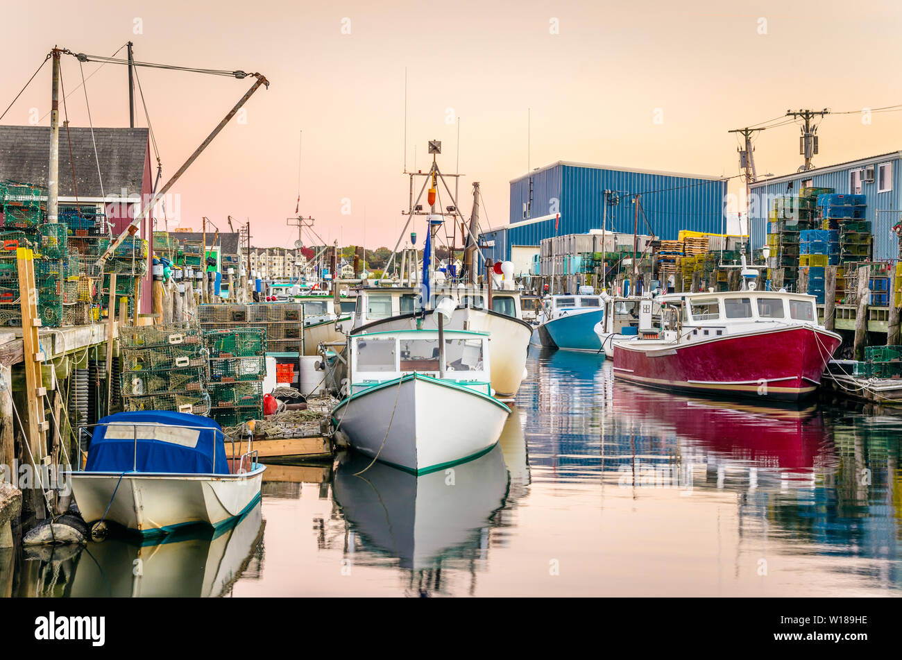 Fishing harbour at twilight in autumn Stock Photo