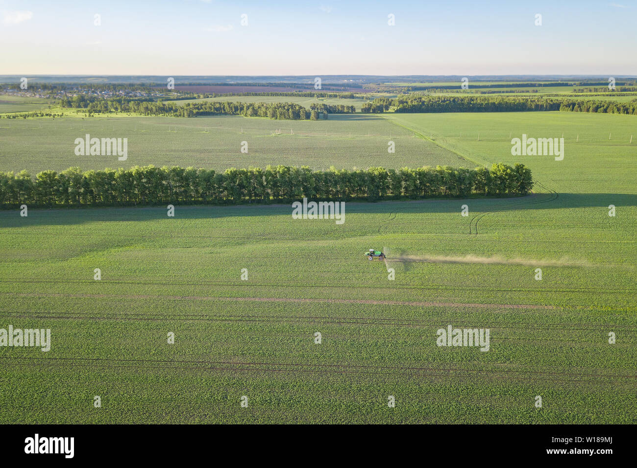 Aerial view of a farm tractor in a green field during spraying and ...