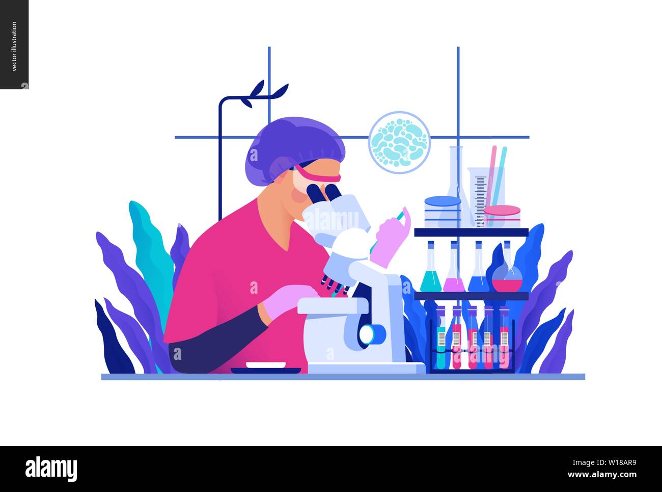 Medical tests Blue illustration -chemical laboratory analysis - modern flat concept digital illustration - laboratory analysis -woman laboratory assis Stock Vector