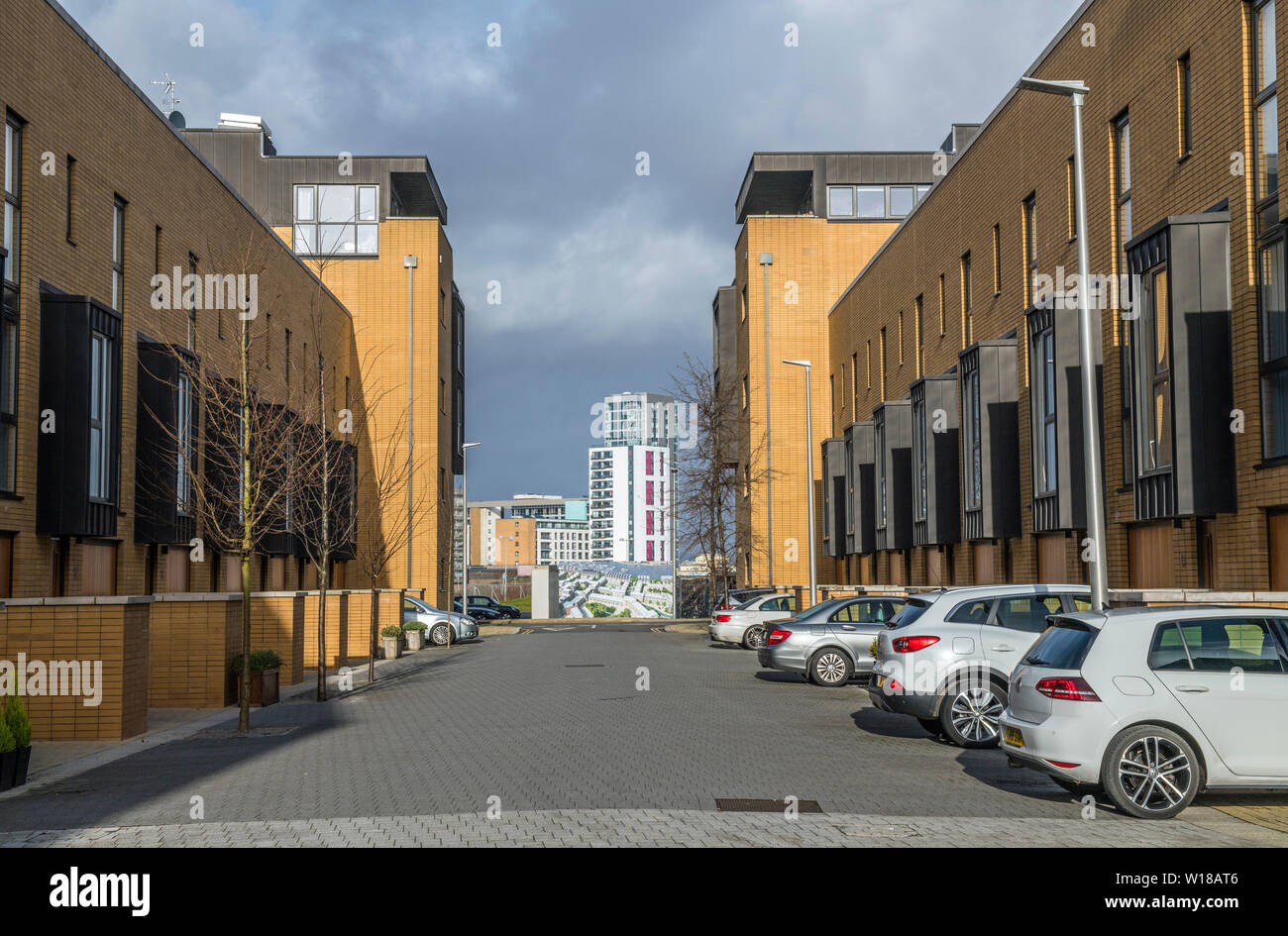 Modern Housing at Cardiff Bay in south Wales following the, and part of, the urban regeneration of the Bay which still continues. South Wales. Stock Photo