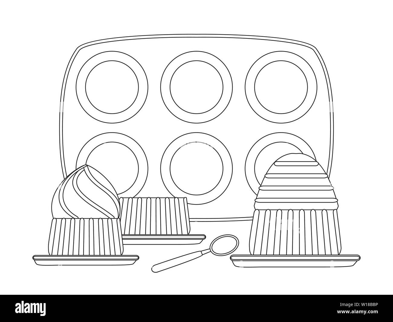 Baking pans for cupcakes and cupcake in plate, flat vector illustration