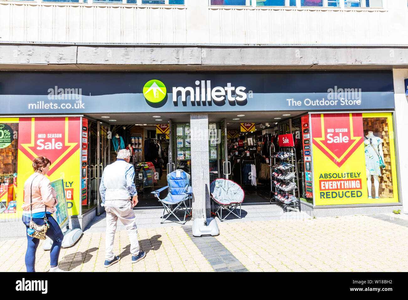 Millets outdoor clothing store, Millets shop, Millets store, Millets sign, Millets logo, Millets outdoor clothing shop, Millets, outdoor clothing, UK Stock Photo