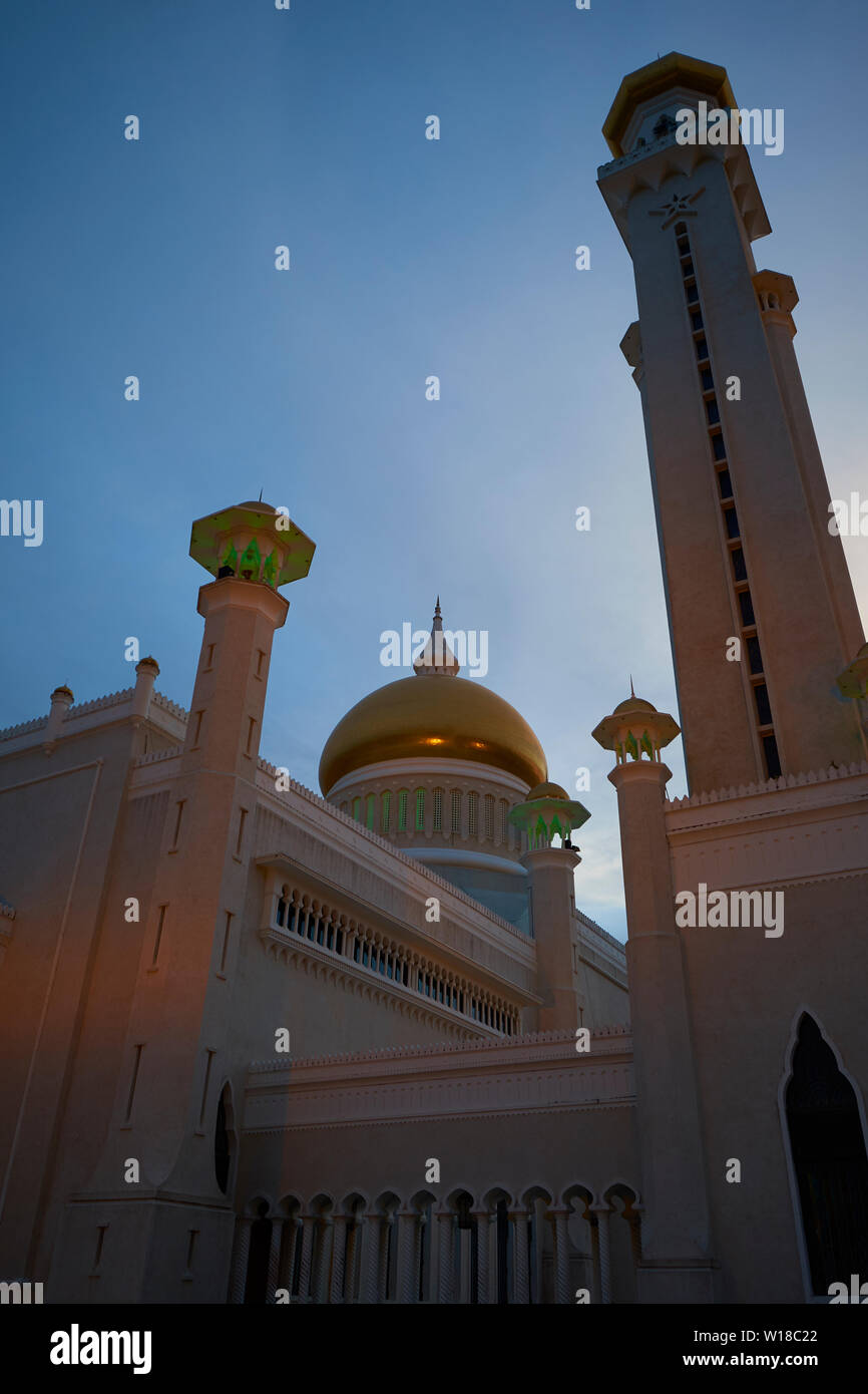 Sunset view of the Omar Ali Saifuddien mosque in downtown Bandar Seri Begawan,Brunei. Stock Photo