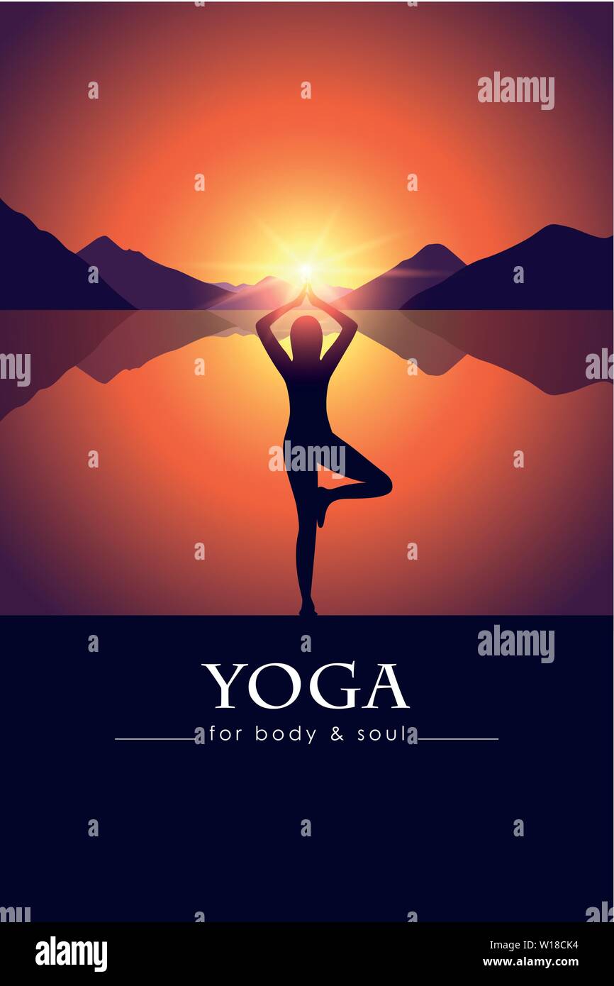 yoga for body and soul meditating woman silhouette by the lake with mountain landscape at sunset vector illustration EPS10 Stock Vector