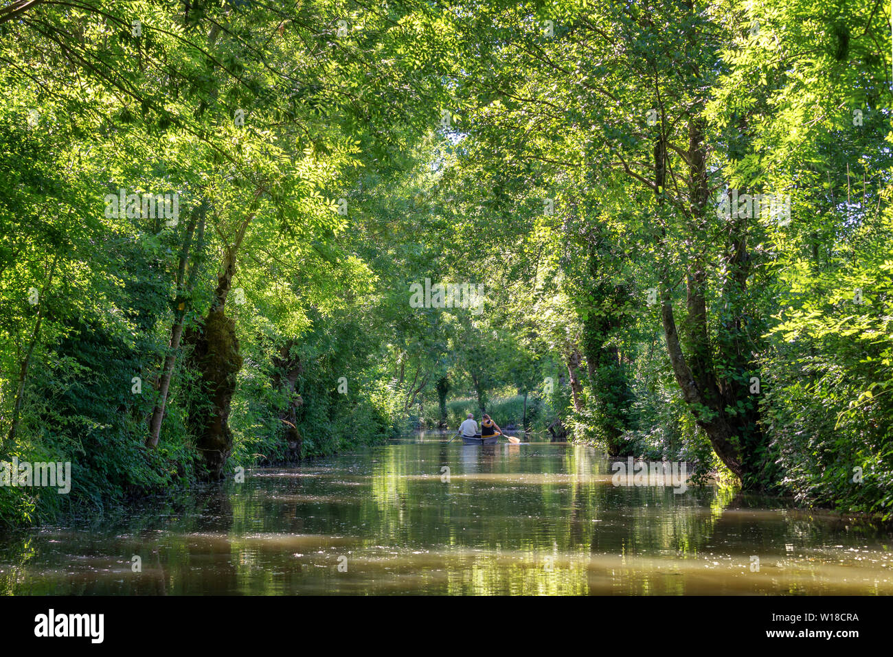 Tourists in a rowboat on a water canal visiting the Green Venice in the Marais Poitevin, France Stock Photo