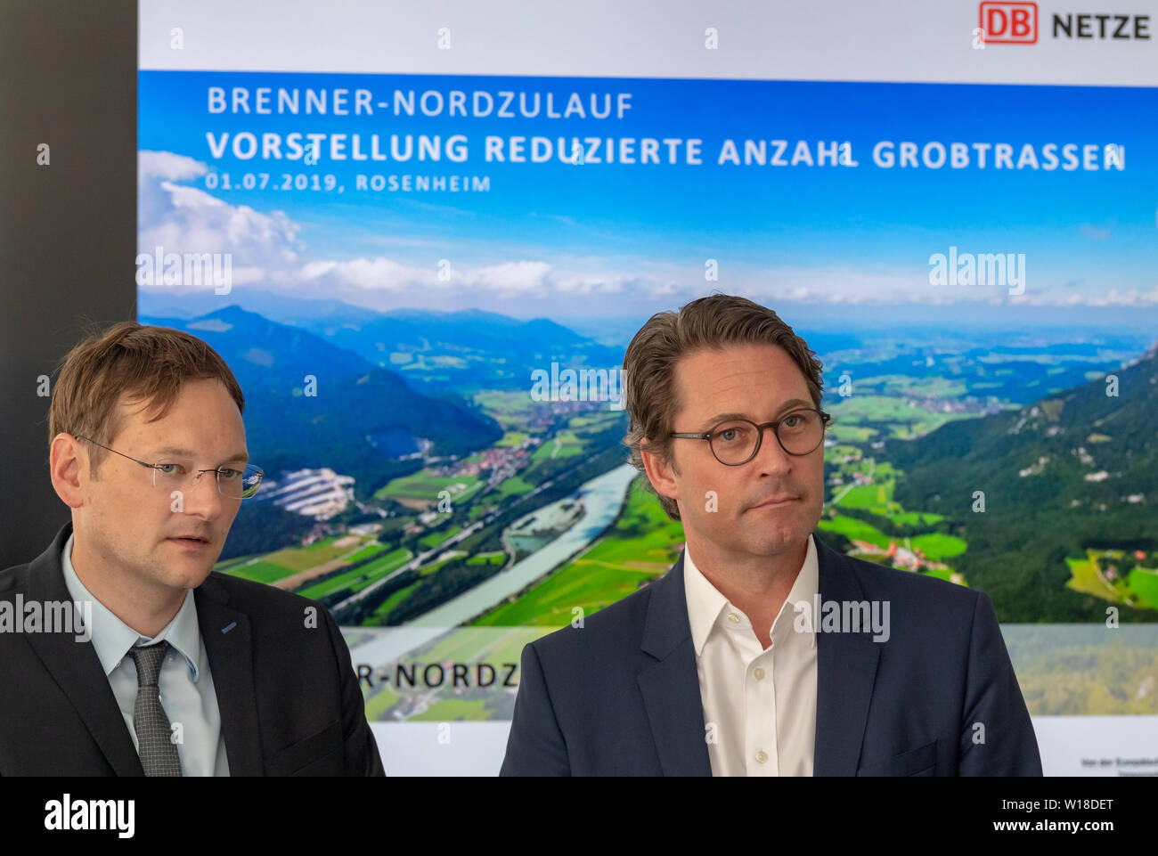 Rosenheim, Germany. 01st July, 2019. Hans Reichhart (l, CSU), State Minister for Housing, Construction and Transport, and Andreas Scheuer (CSU), Transport Ministers of the Federal Government and Bavaria, will take part in a press conference of Deutsche Bahn on the proposals for the five possible routes of the so-called Brenner north inlet. Credit: Peter Kneffel/dpa/Alamy Live News Stock Photo