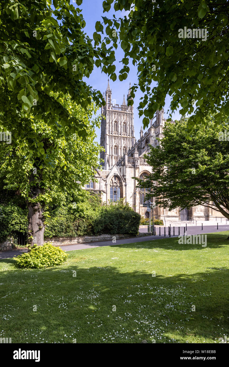 Gloucester Cathedral from the west with its beautifully carved and decorated 15th C tower and the Cathedral Green re-landscaped in 2018, Gloucester UK Stock Photo