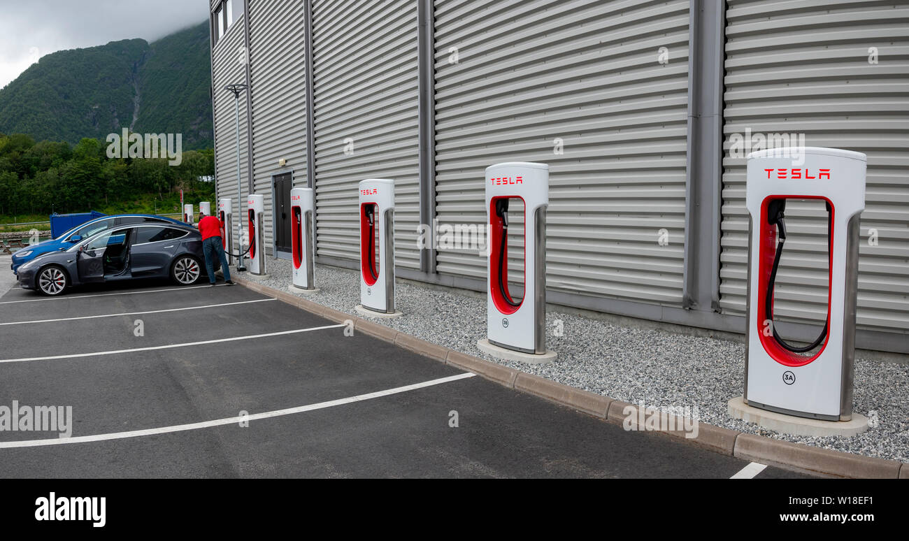 Tesla electric car charging station in Andalsnes, Norway Stock Photo