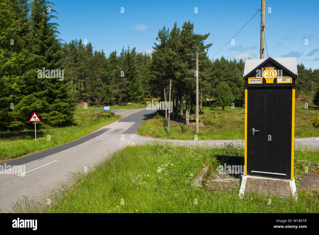 Old style AA roadside assistance telephone box at Glen Dye, Strachan, Aberdeenshire, Scotland. Stock Photo