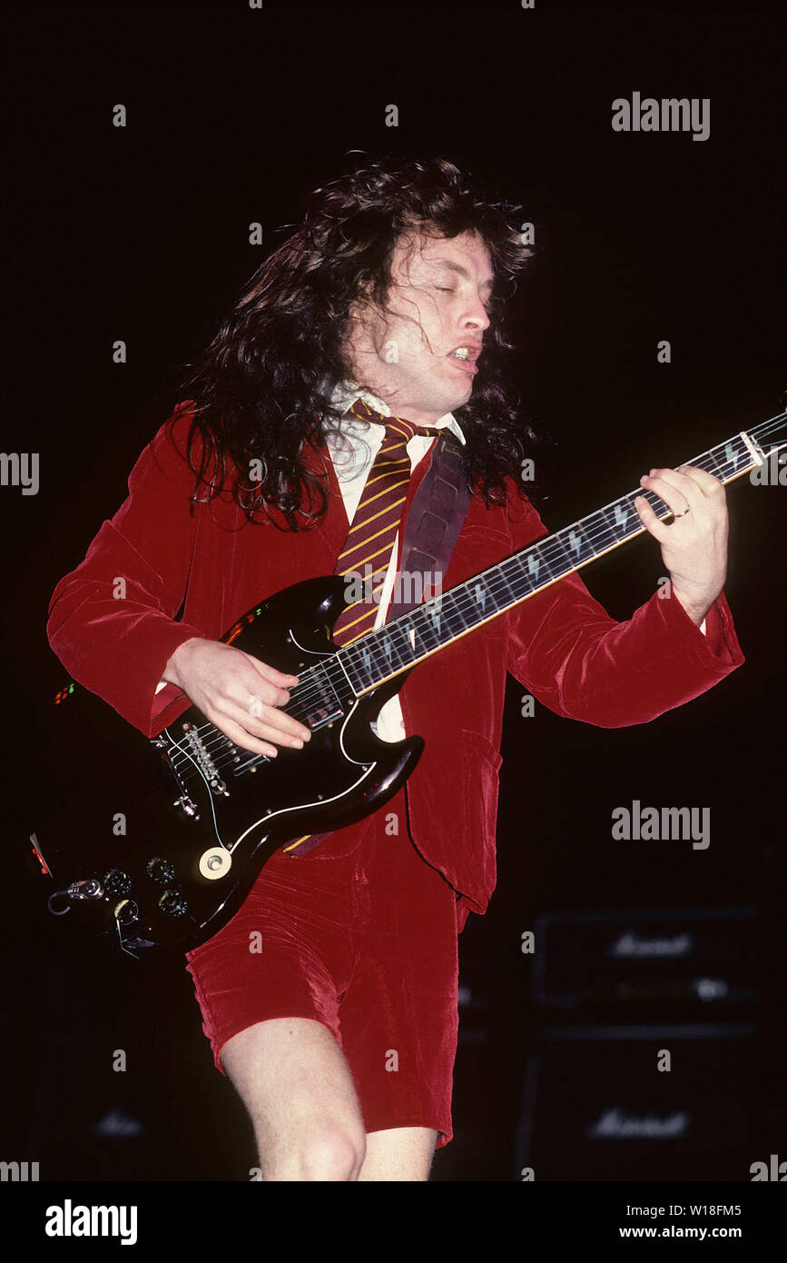 AC/DC US rock group with Angus Young about 1985. Photo: Jeffrey Mayer Stock  Photo - Alamy