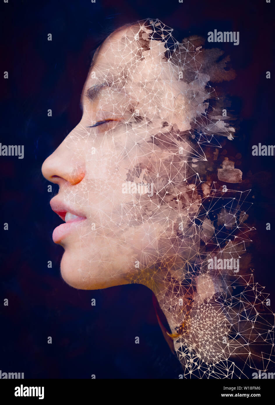 Double exposure profile portrait of beautiful peaceful woman combined ...