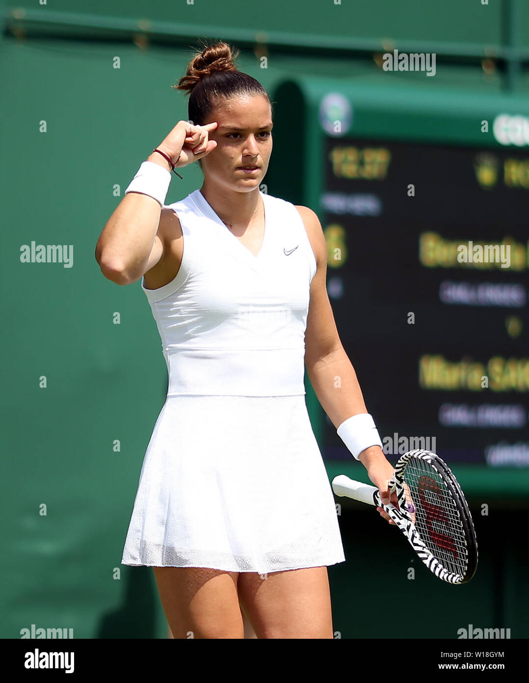 Maria Sakkari celebrates her win against Bernarda Pera on day one of the  Wimbledon Championships at the All England Lawn Tennis and Croquet Club,  Wimbledon Stock Photo - Alamy