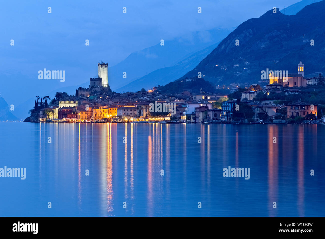 The medieval castle and the picturesque town of Malcesine on Lake Garda. Verona province, Veneto, Italy, Europe. Stock Photo