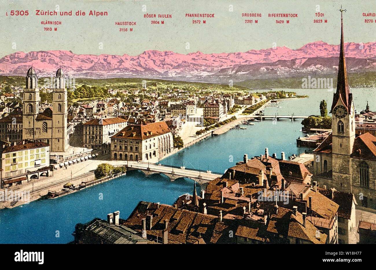 Zurich and the Alps. Postcard, 1910-s. Stock Photo