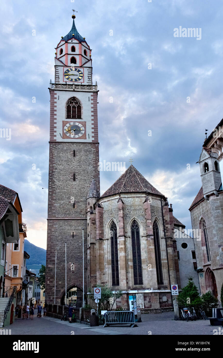 The cathedral of Merano is an example of medieval Gothic architecture. Merano, Bolzano province, Trentino Alto-Adige, Italy, Europe. Stock Photo