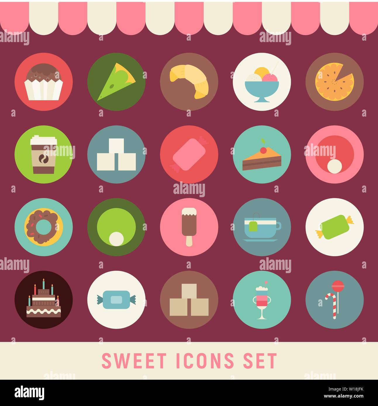 Collection of Sweets in Flat Style. Sweets, Cupcake, Donut, Ice Cream, Croissant, Big Cake, Coffee in Retro Design. Vector Illustration. Stock Vector