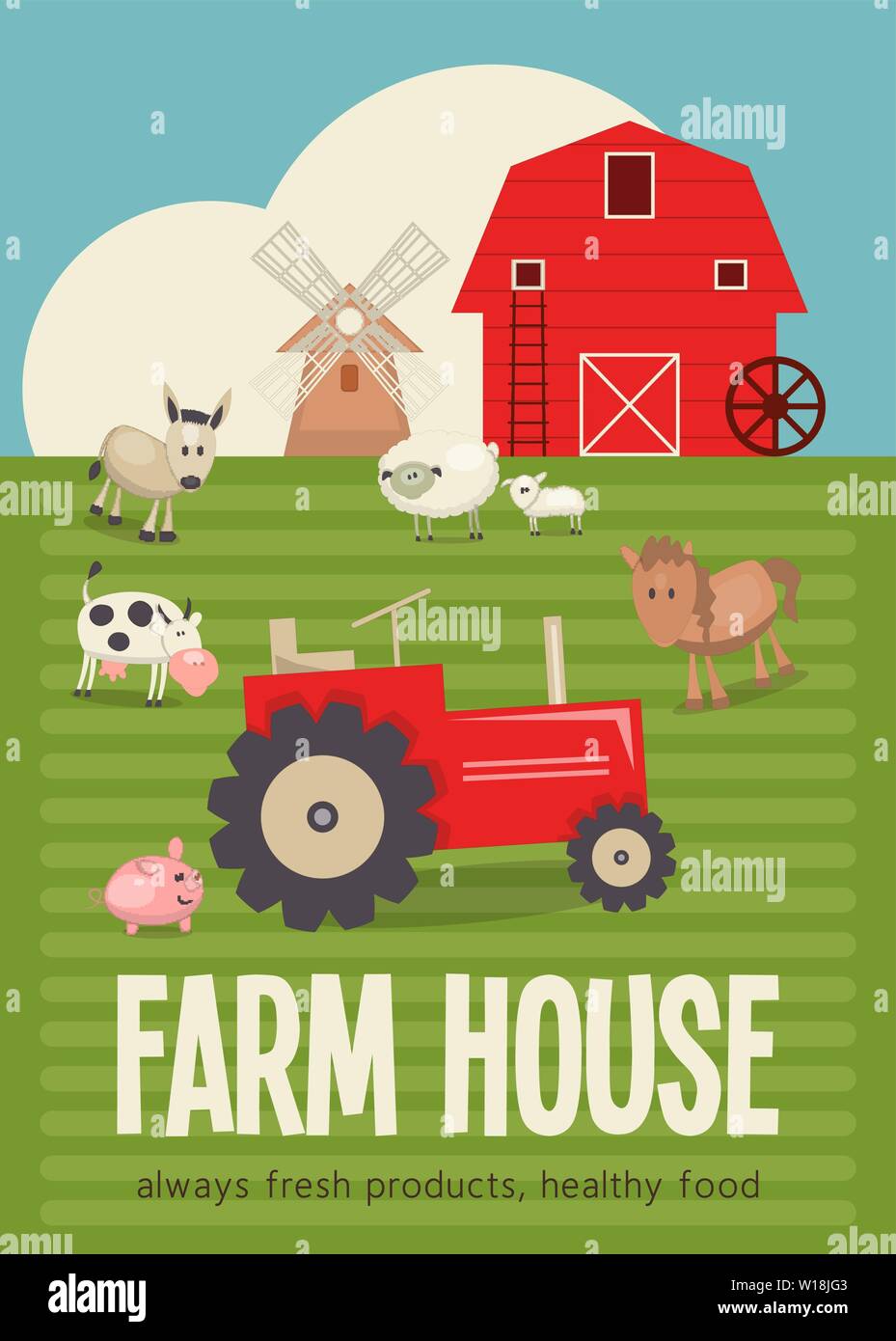 Farm House Poster. Farmers Market. Healthy Food, Organic Products and Farming Concept. Retro Style. Vector Illustration. Farm Animals, Livestock, Barn Stock Vector