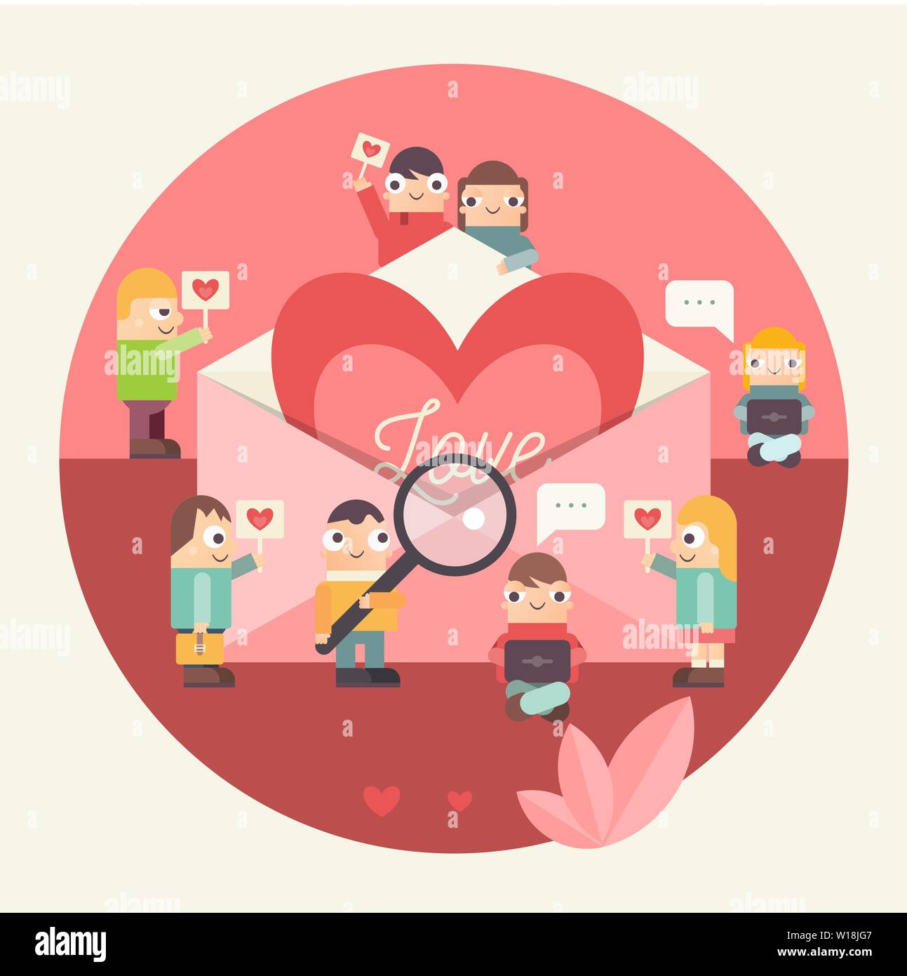 Online Dating Concept. Cute Cartoon People Send Love Email Messages via Mobile Gadgets. Idea of Internet or Remote Relationship. Flat Big Heart in Env Stock Vector