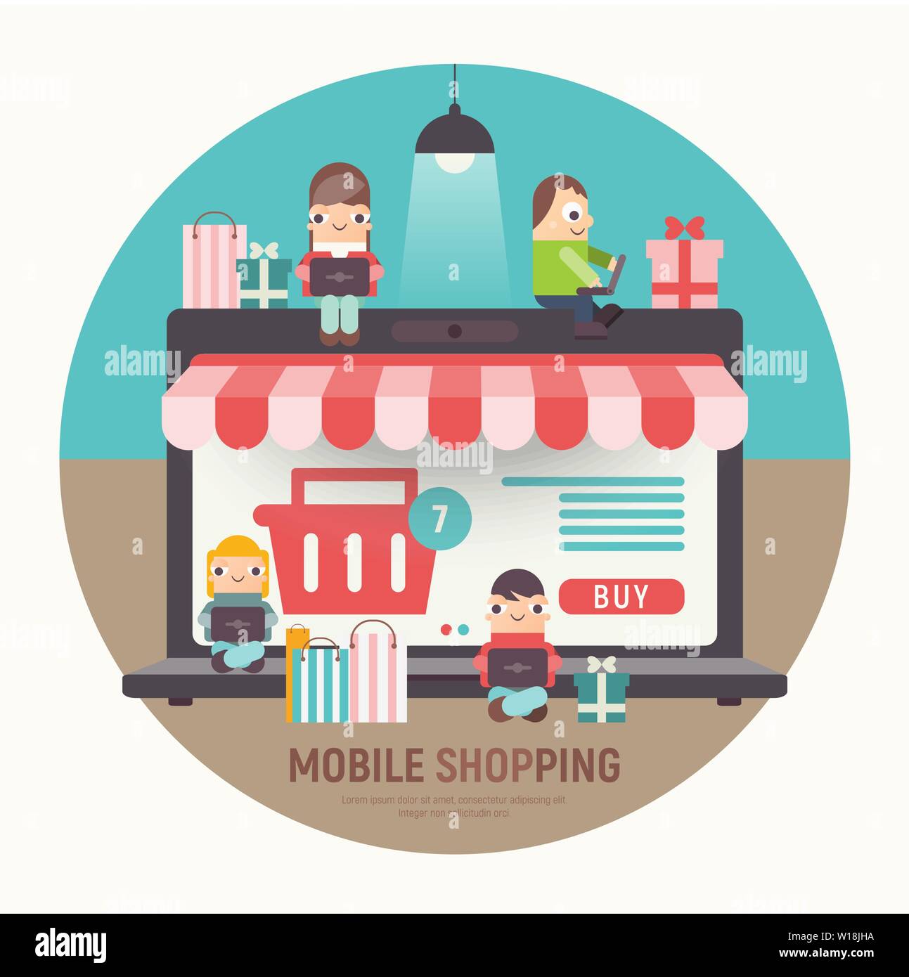 E-commerce Online Concept  - Cartoon People who do Mobile Shopping in front of Huge Laptop with Open Online Shop. Vector Illustration for Web Page, So Stock Vector