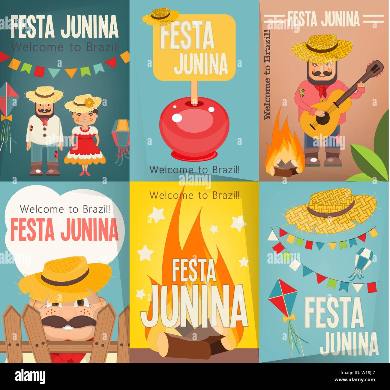 Festa Junina - Brazil June Festival. Posters Set for Folklore Holiday