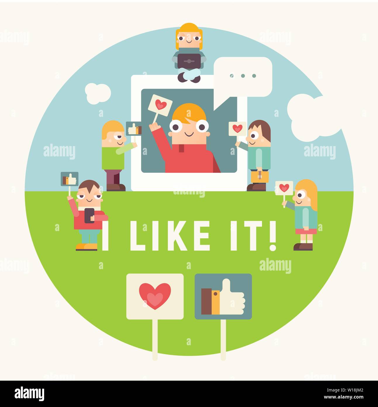 Social Media Concept Banner with Text I Like It. Funny People Using Smartphone and Laptop for Follow the Trend and Social Networking. Vector Illustrat Stock Vector