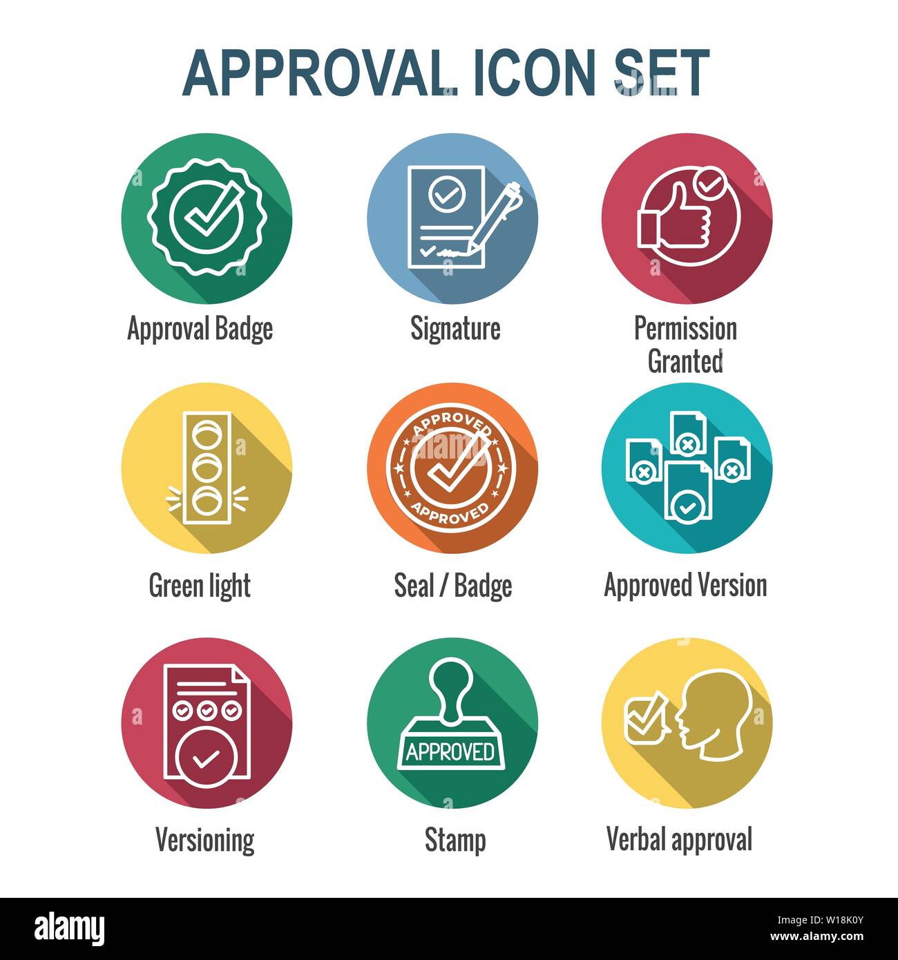 Approval and Signature Icon Set w Stamp and version icons Stock Vector