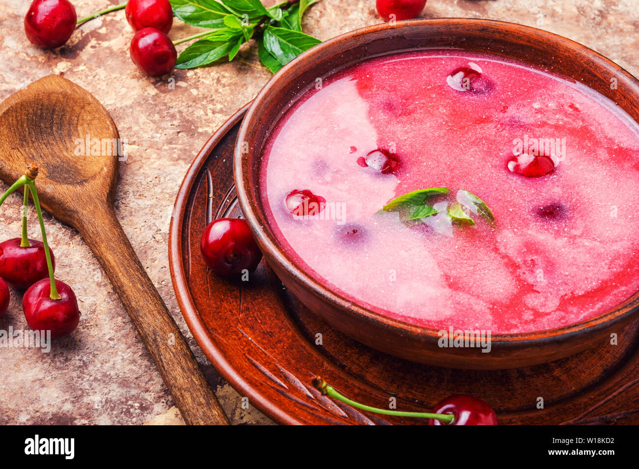 Summer cool soup with cherry.Fruit soup.Summer food Stock Photo