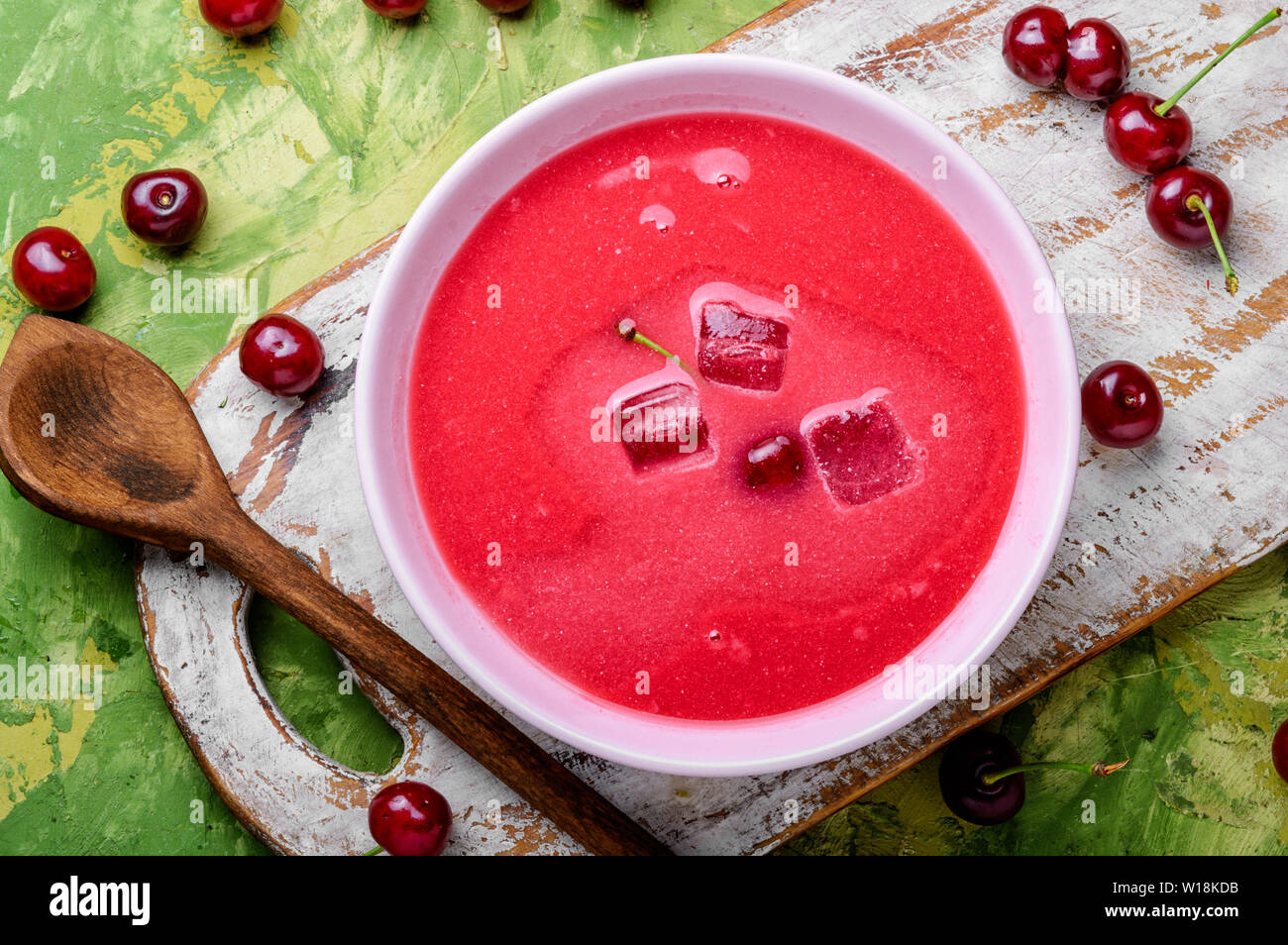 Summer cool soup with cherry.Fruit soup.Summer food Stock Photo