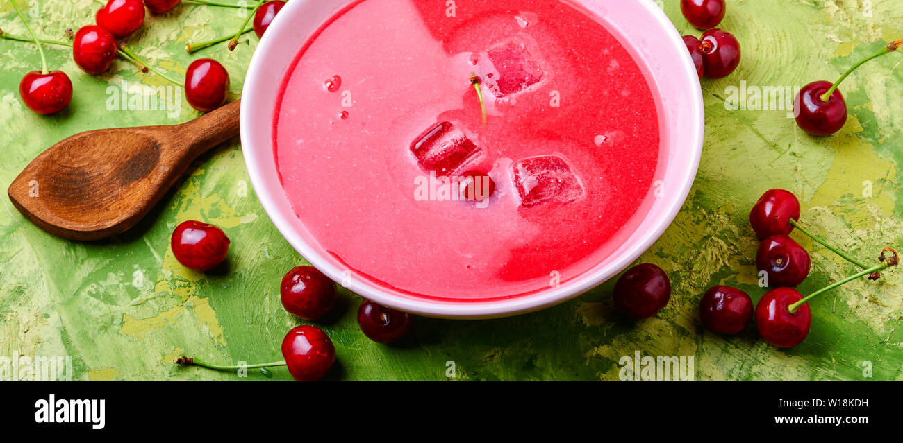 Summer cool soup with cherry.Fruit soup.Summer food Stock Photo