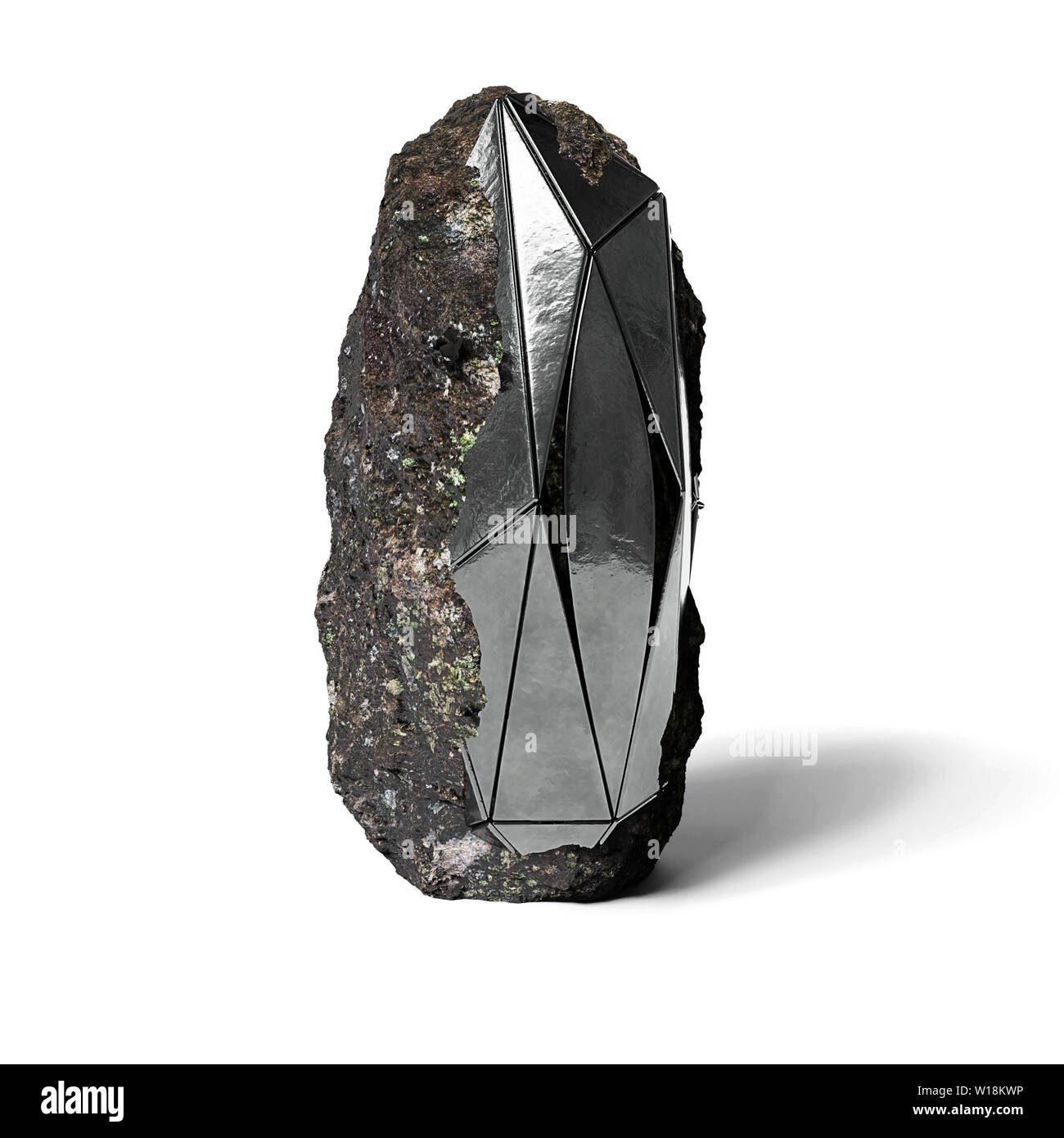 steel monolith embedded in rock, abstract shape, sci-fi object isolated on white ground Stock Photo