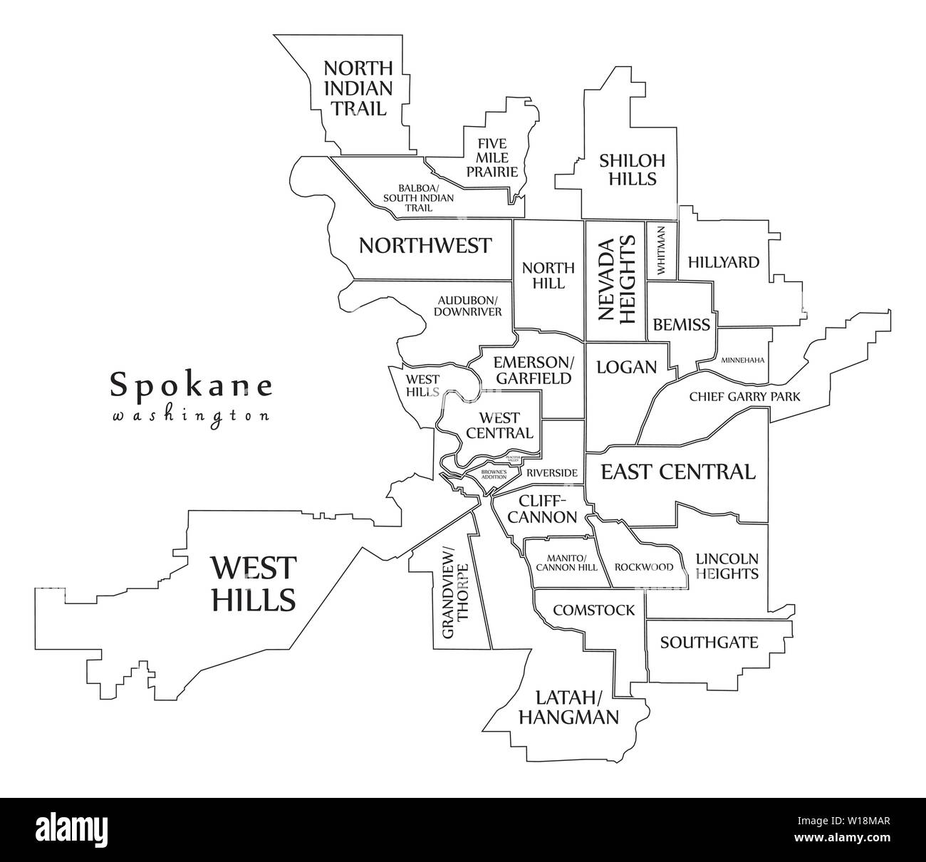 Modern City Map - Spokane Washington city of the USA with neighborhoods 