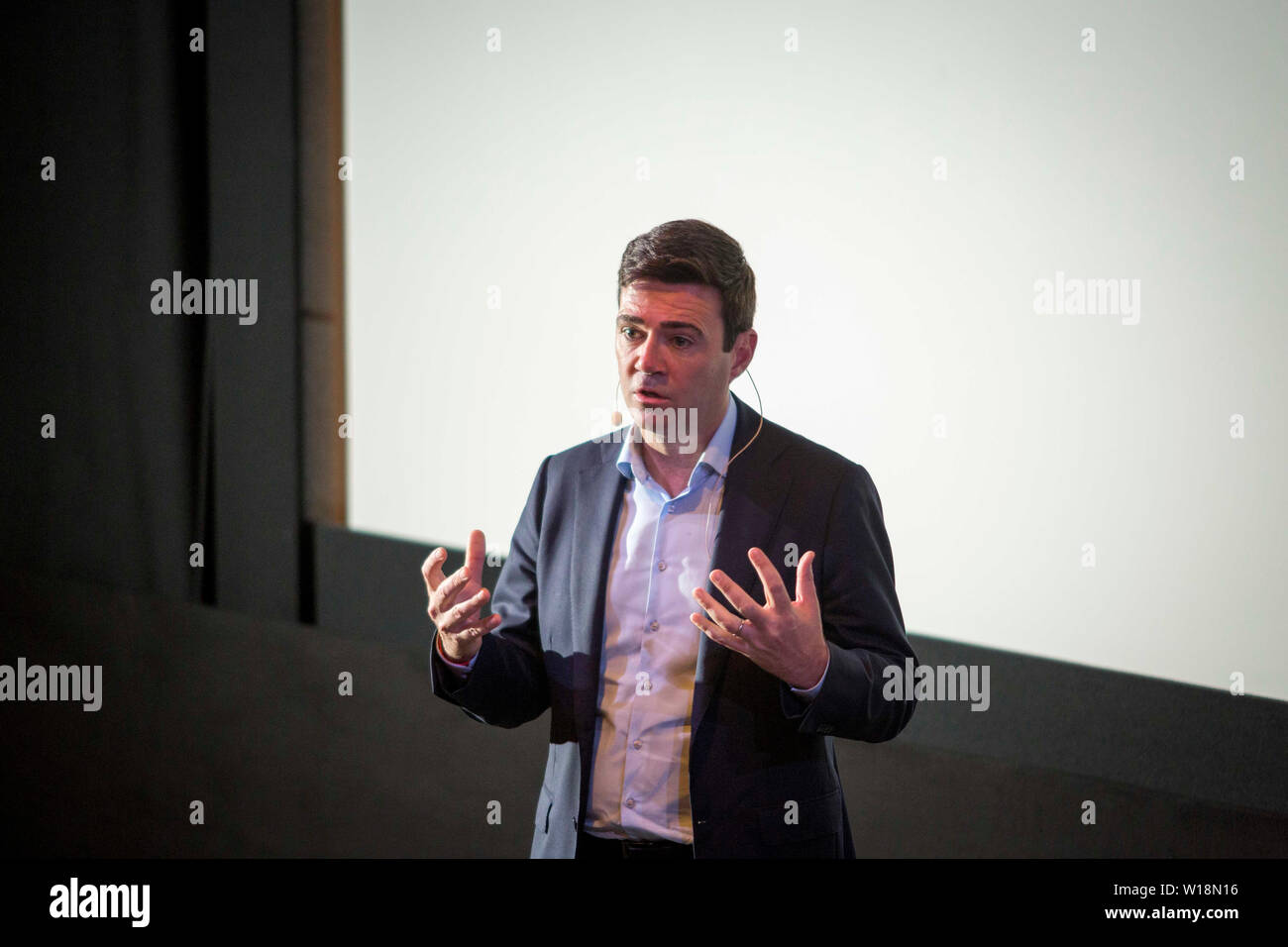 TFGM Transport Manchester event. Mayor of Greater Manchester Andy Burnham Stock Photo