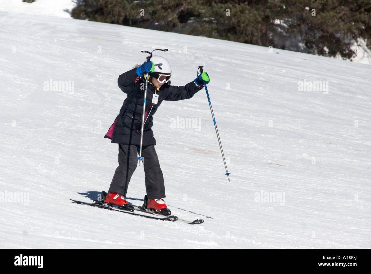 The central Pyrenees at Pont Espagne. Young girl learning to ski.two sticks. Stock Photo