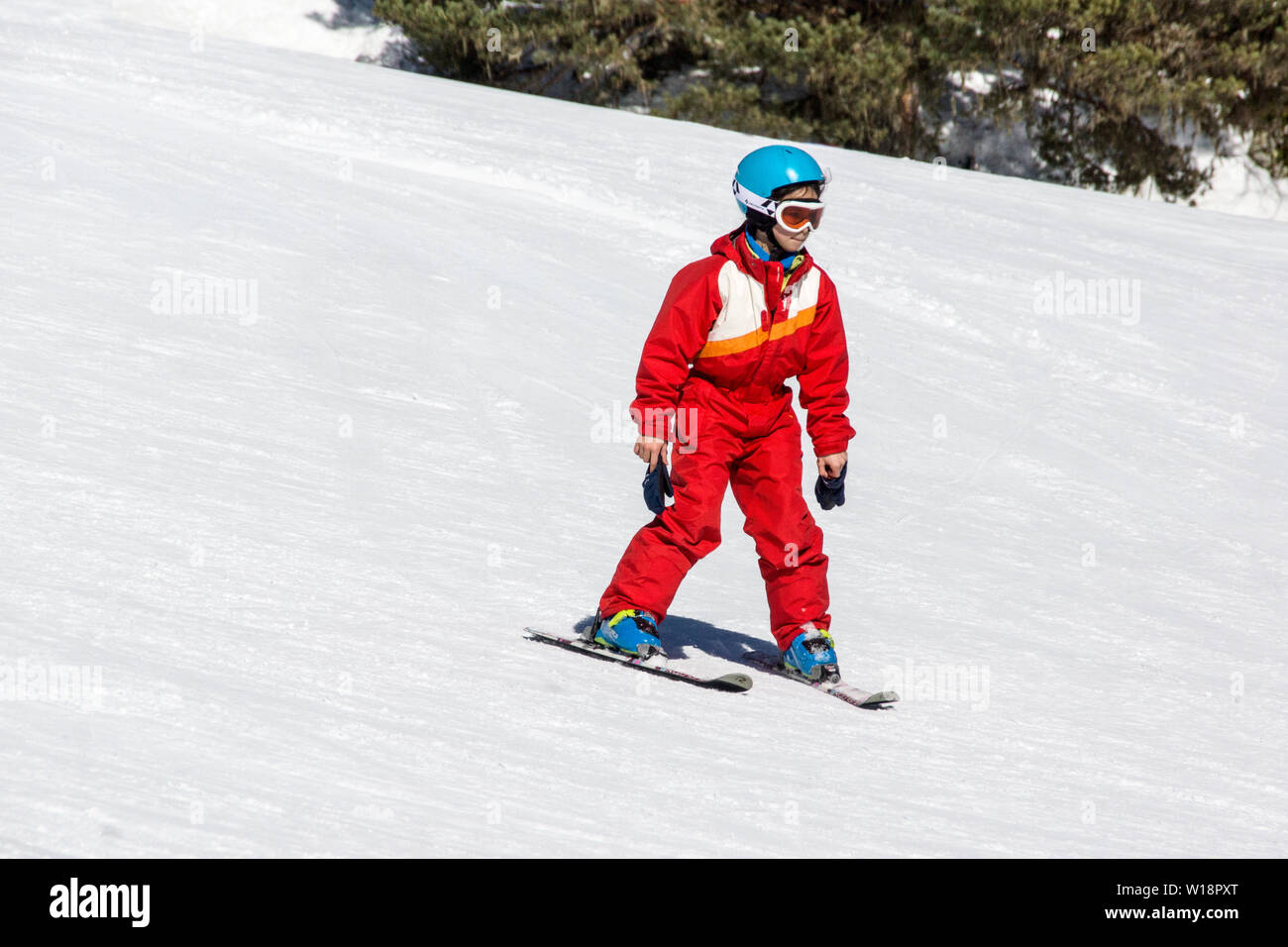 The central Pyrenees at Pont Espagne. Young girl learning to ski.No sticks. Stock Photo