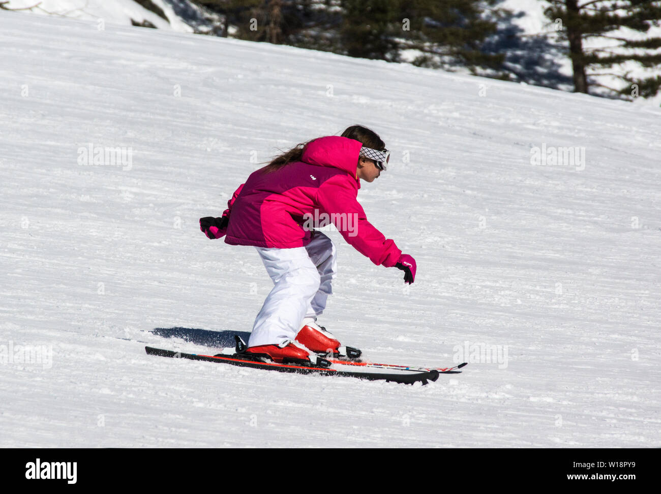 The central Pyrenees at Pont Espagne. Young girl learning to ski on the beginners slope.No sticks. Stock Photo