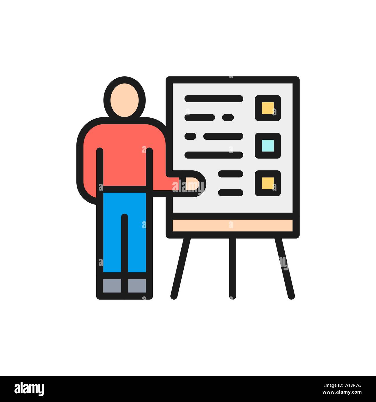 Vector man with presentation, teacher, seminar flat color line icon. Stock Vector