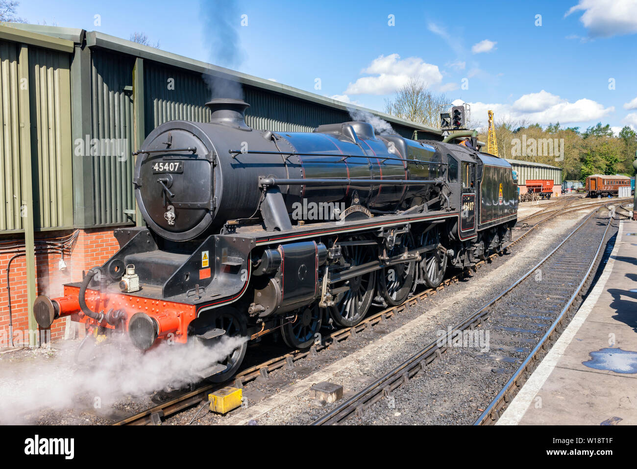 The steam loco The Lancashire Fusilier entering Pickering station Stock Photo